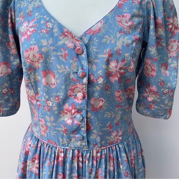 Vintage Laura Ashley Size 14 Cotton Tea Dress Button Front Blue Cornflower Pink - Picture 4 of 13